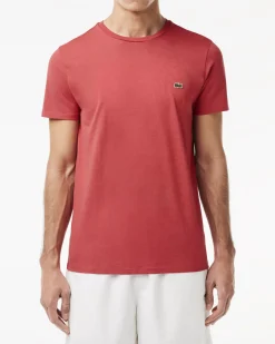 T-shirt corallo in pima cotton con logo coccodrillo verde