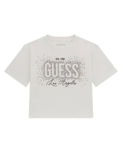 T-shirt cropped bianca Guess in cotone stretch a maniche corte con logo glitterato multicolor