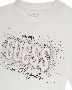 T-shirt cropped bianca Guess in cotone stretch a maniche corte con logo glitterato multicolor