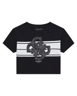 T-shirt cropped nera Guess in cotone stretch a maniche corte con logo glitterato