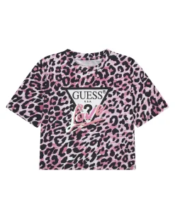 T-shirt cropped rosa Guess in cotone stretch a maniche corte con fantasia maculata