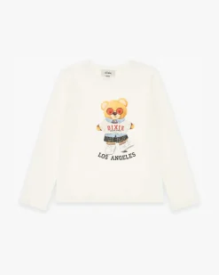 T-shirt Dixie bianca a maniche lunghe in puro cotone con orsetto