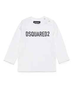 T-shirt Dsquared bianca in cotone a maniche lunghe con scritta logo nera e bottoncini sulla spalla