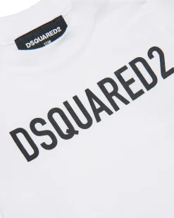 T-shirt Dsquared bianca in cotone a maniche lunghe con scritta logo nera e bottoncini sulla spalla