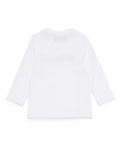 T-shirt Dsquared bianca in cotone a maniche lunghe con scritta logo nera e bottoncini sulla spalla