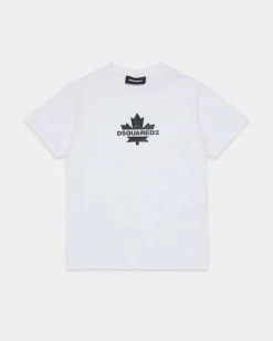 T-shirt Dsquared2 bianca in puro cotone con foglia logo icon nera