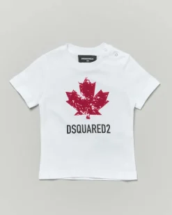 T-shirt Dsquared2 bianca in puro cotone a maniche corte ce foglia logo rossa
