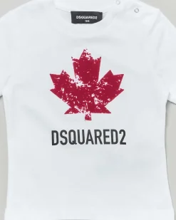 T-shirt Dsquared2 bianca in puro cotone a maniche corte ce foglia logo rossa