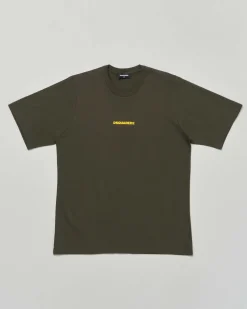 T-shirt Dsquared2 relaxed fit verde militare in puro cotone con mini logo giallo