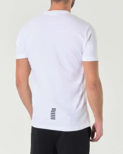 T-shirt EA7 bianca in cotone stretch con scollo a V e logo nero sul petto