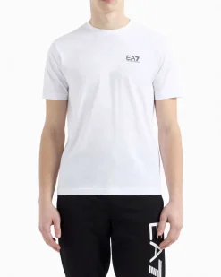T-shirt EA7 bianca in puro cotone con maxi logo stampato verticale sul retro