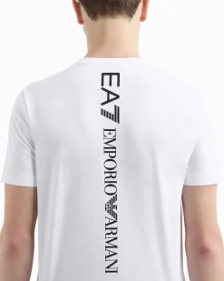 T-shirt EA7 bianca in puro cotone con maxi logo stampato verticale sul retro