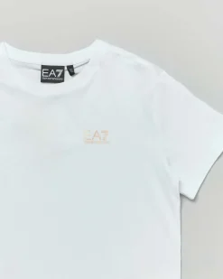 T-shirt EA7 bianca mezza manica in cotone stretch con logo color oro