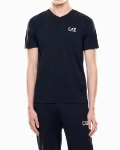 T-shirt EA7 blu in cotone stretch con scollo a V e logo bianco sul petto