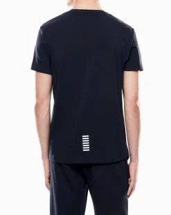 T-shirt EA7 blu in cotone stretch con scollo a V e logo bianco sul petto