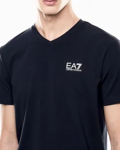 T-shirt EA7 blu in cotone stretch con scollo a V e logo bianco sul petto