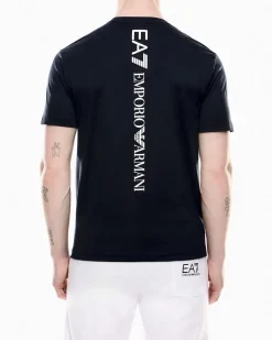 T-shirt EA7 blu in puro cotone con maxi logo stampato verticale sul retro