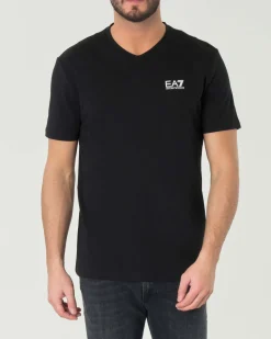 T-shirt EA7 nera in cotone stretch con scollo a V e logo bianco sul petto