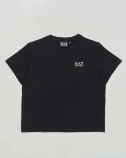 T-shirt EA7 nera mezza manica in cotone stretch con logo color oro