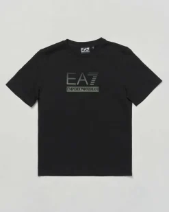 T-shirt EA7 nera mezza manica in puro cotone con logo EA7 verde