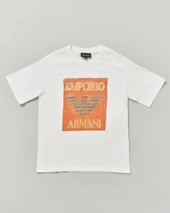 T-shirt Emporio Armani bianca in cotone a maniche corte con maxi stampa logo arancione