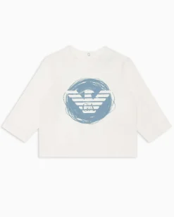 T-shirt Emporio Armani bianca in cotone a maniche lunghe con stemma logo aquila