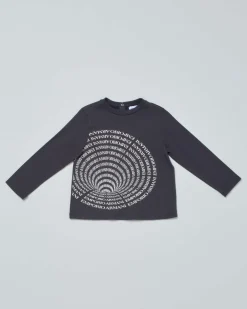 T-shirt Emporio Armani blu in cotone a manica lunga con stampa scritte logo in grafica 3D