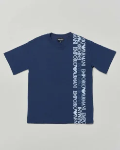 T-shirt Emporio Armani blu in cotone a mezza manica con scritte logo verticali