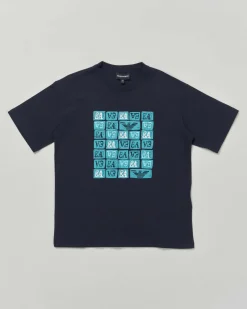 T-shirt Emporio Armani Junior nera in cotone a maniche corte con maxi stampa logo azzurra