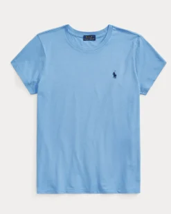 T-shirt girocollo azzurra in cotone con logo ricamato sul petto