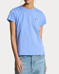 T-shirt girocollo azzurra in cotone con logo ricamato sul petto