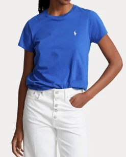 T-shirt girocollo blu China in cotone con logo ricamato sul petto