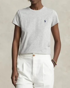 T-shirt grigia chiaro in cotone con scollo tondo e logo ricamato