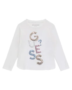 T-shirt Guess bianca a maniche lunghe in misto viscosa con logo pailettes multicolor