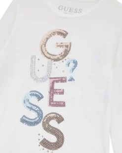 T-shirt Guess bianca a maniche lunghe in misto viscosa con logo pailettes multicolor