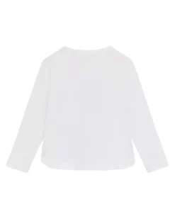 T-shirt Guess bianca a maniche lunghe in misto viscosa con logo pailettes multicolor