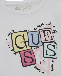 T-shirt Guess bianca a maniche lunghe in misto cotone con logo gommato multicolor