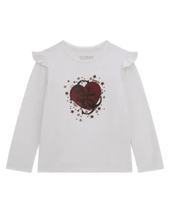 T-shirt Guess bianca con volant e logo monogram con cuore brillantinato