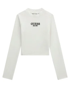 T-shirt Guess bianca in cotone stretch a maniche lunghe con logo nero