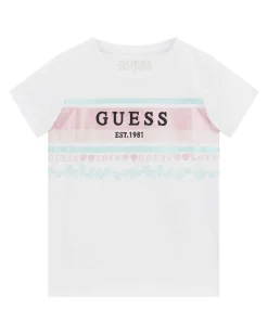 T-shirt Guess bianca in cotone stretch con con bande rosa e azzurre