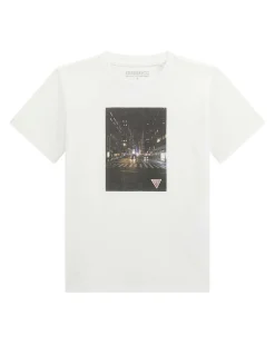 T-shirt Guess bianca mezza manica in puro cotone con stampa foto New York