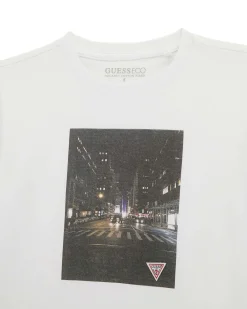 T-shirt Guess bianca mezza manica in puro cotone con stampa foto New York