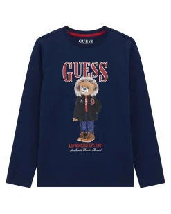 T-shirt Guess blu a manica lunga in puro cotone con orsetto e scritta logo