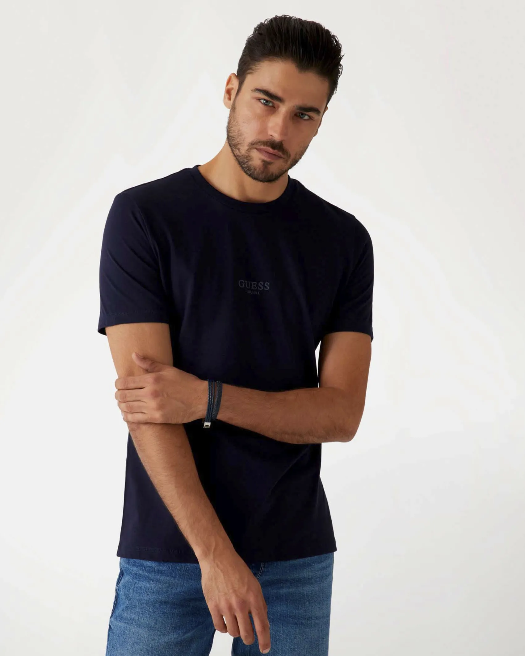 T-shirt Guess blu in cotone con logo in tono ricamato sul petto