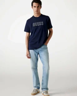 T-shirt Guess blu in cotone con logo scritta in rilievo sul petto