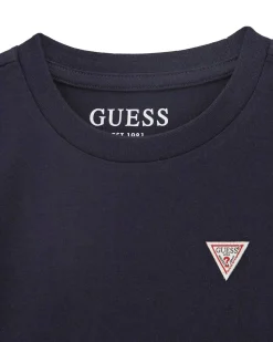 T-shirt Guess blu mezza manica con mini trangolo logo icon bianco