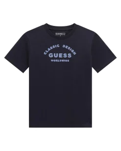 T-shirt Guess blu mezza manica in puro cotone con scritta azzurra