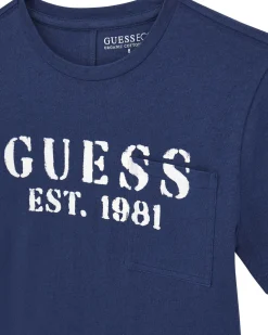 T-shirt Guess blu mezza manica in puro cotone con scritta logo bianca e taschino