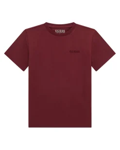 T-shirt Guess bordeaux mezza manica in puro cotone con maxi triangolo logo sul retro