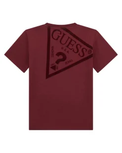 T-shirt Guess bordeaux mezza manica in puro cotone con maxi triangolo logo sul retro